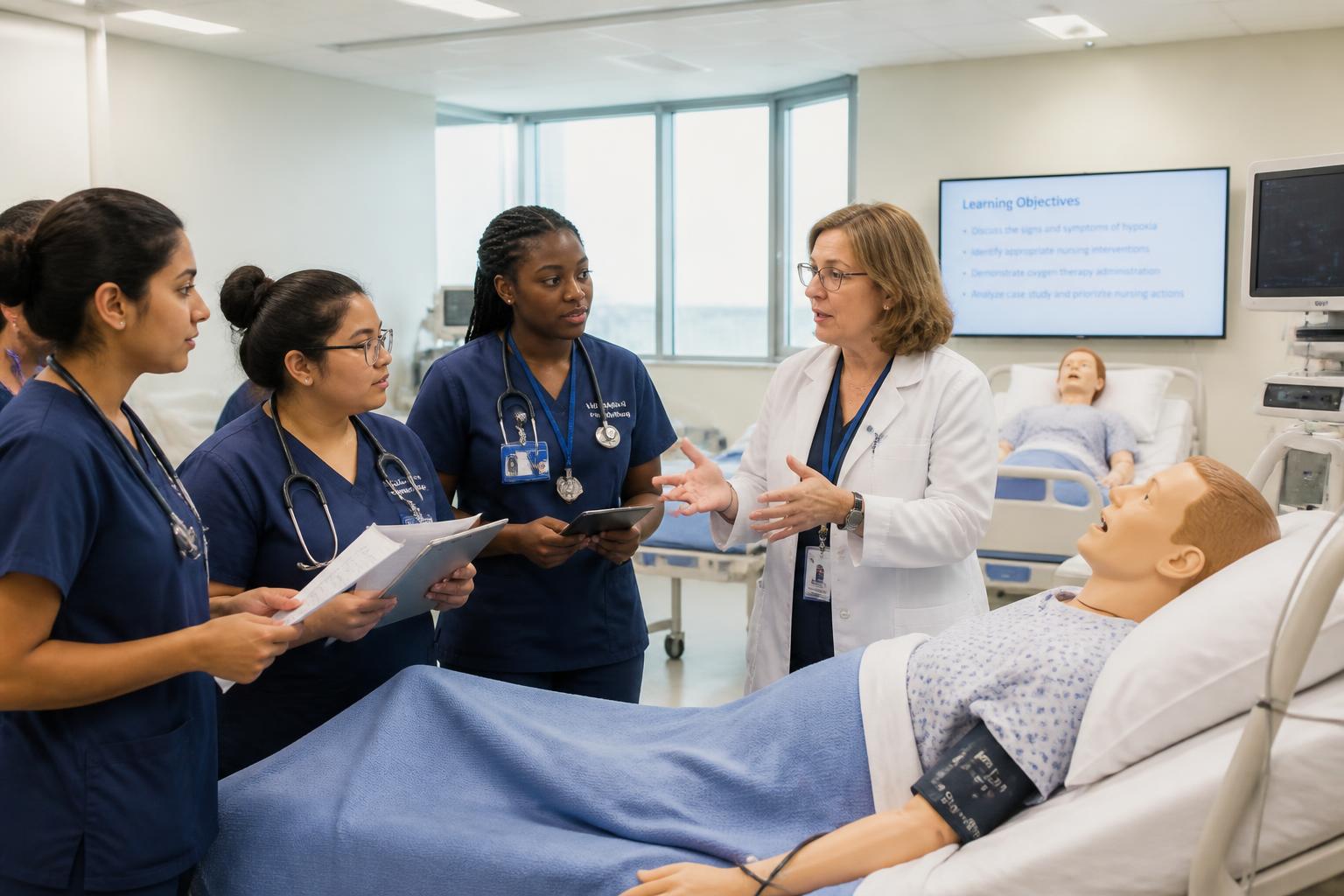 Nursing faculty member teaching a diverse group of nursing students in a university simulation lab