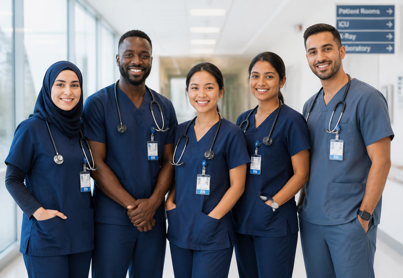 A multicultural team of internationally educated registered nurses in a modern hospital corridor