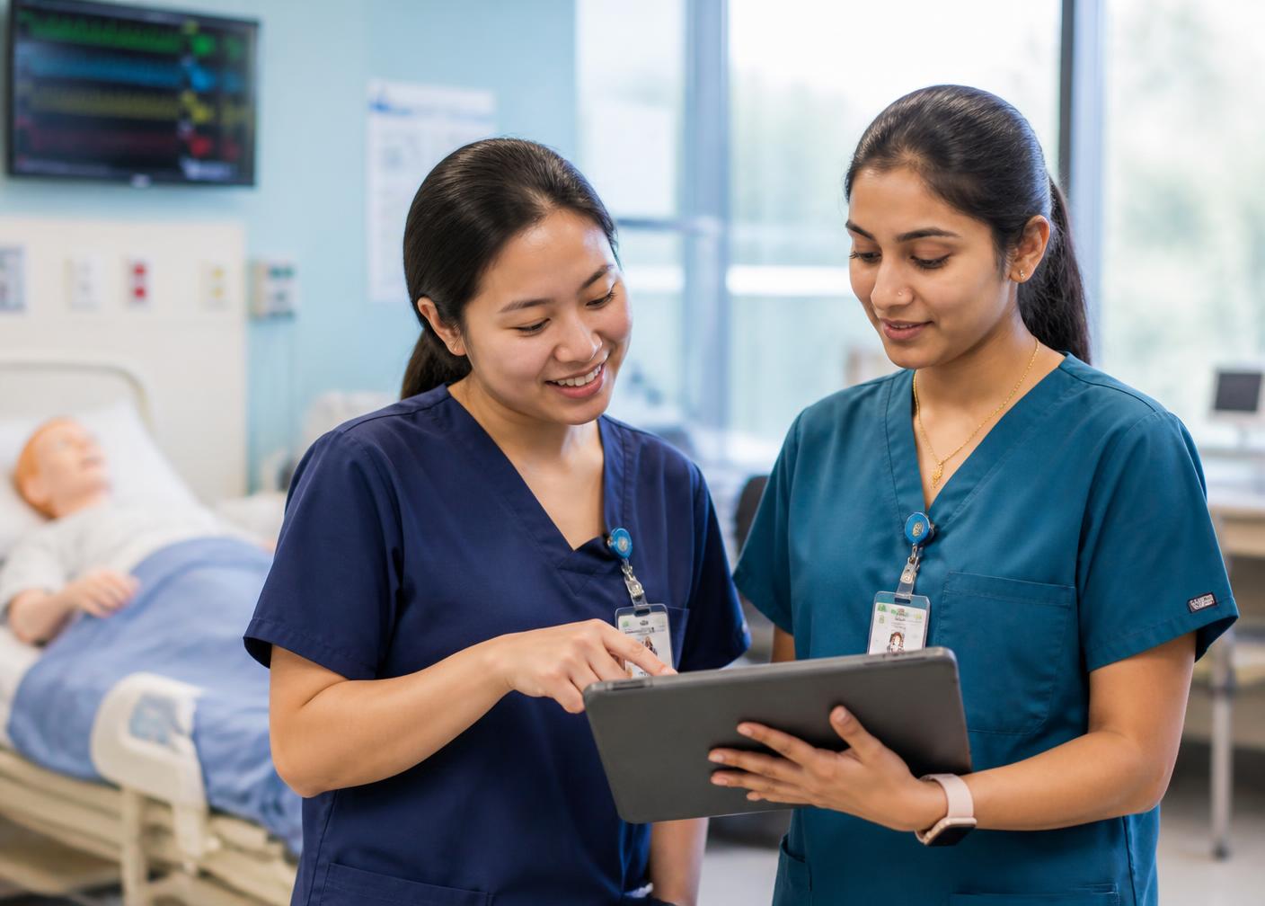 Filipino and Indian nursing students reviewing case studies on a tablet in a clinical simulation lab